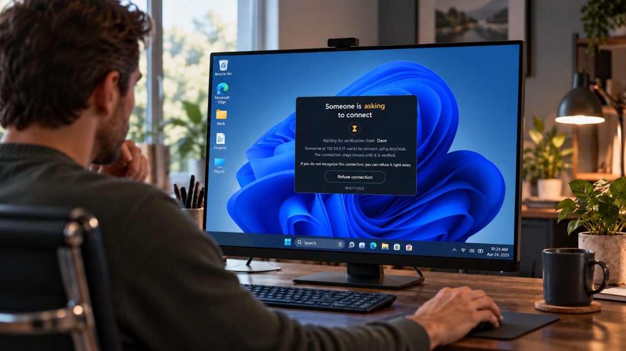 A person at their desk looking at a Windows PC. On screen, the Xcelcor Guardian window reads: Someone is asking to connect. Waiting for verification from Dave. Someone at 102.54.9.17 wants to connect using AnyDesk. The connection stays closed until it is verified. Its only button is Refuse connection, and the status shows Waiting.