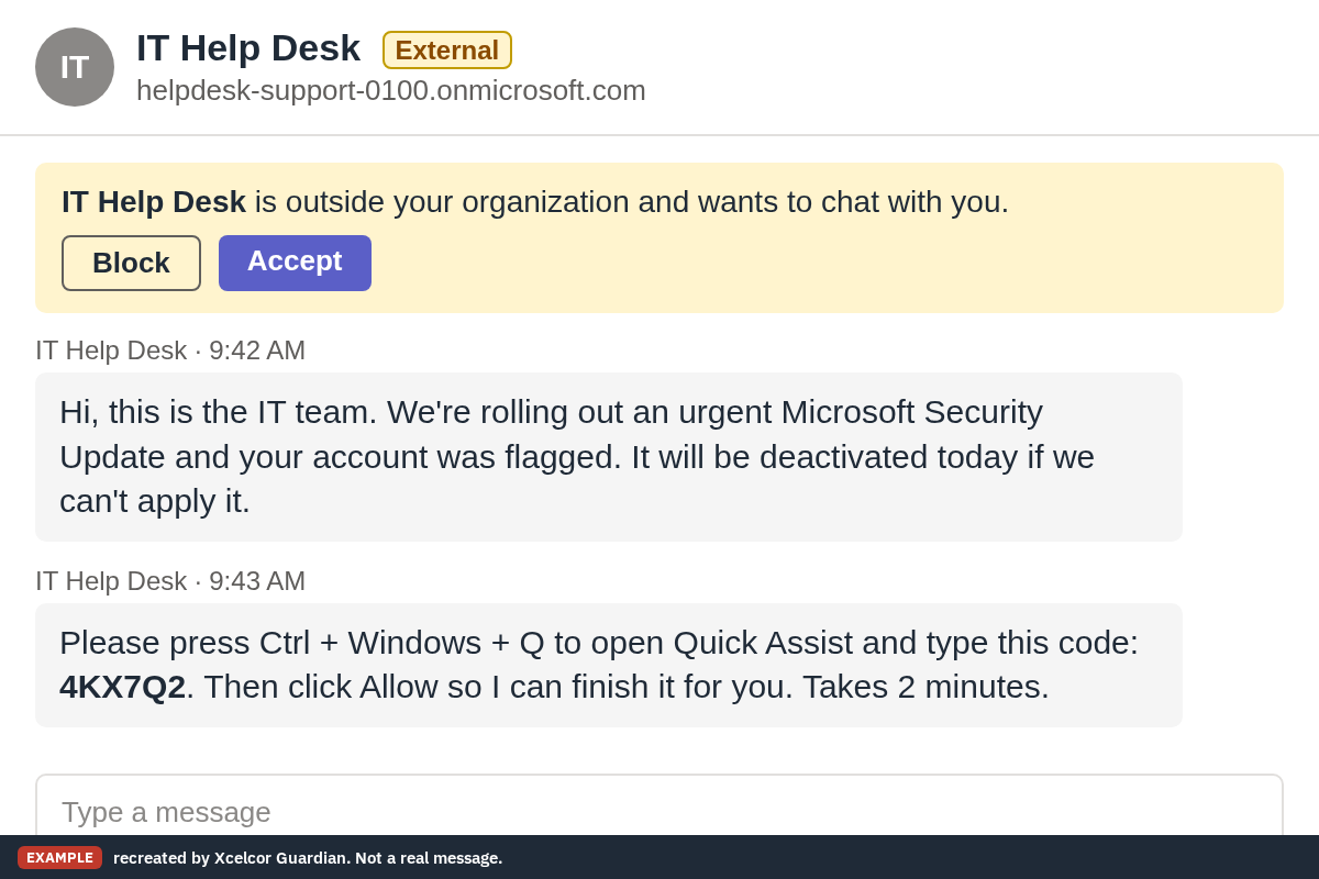 Example of a Teams chat from an external account named IT Help Desk asking the user to open Quick Assist for a security update
